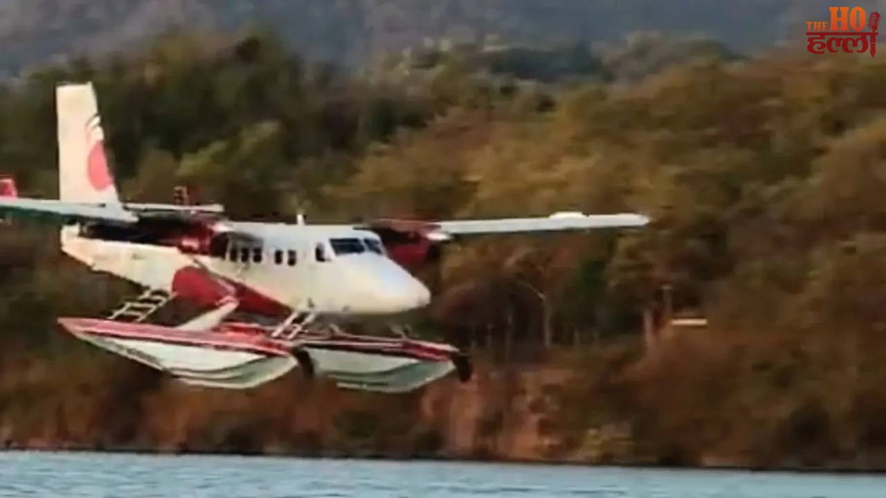 Seaplane lands gracefully on the calm waters of Ganga Barrage