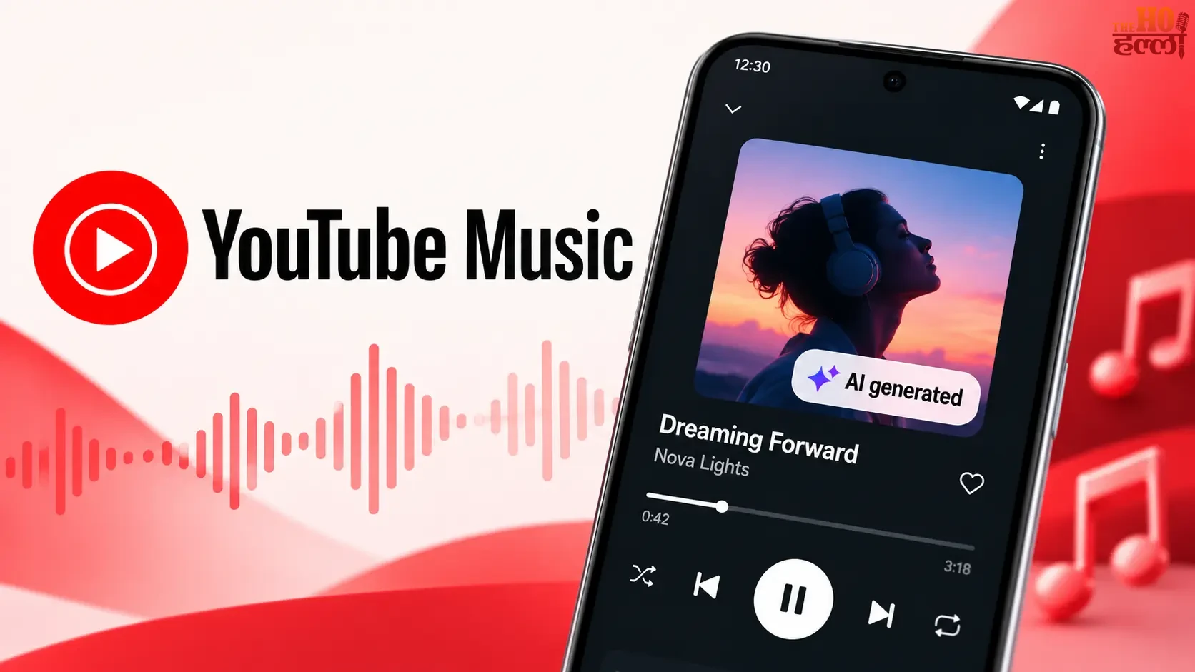 YouTube Music पर AI से बनाए गए गानों के नए लेबल को दर्शाता म्यूजिक प्लेयर इंटरफेस